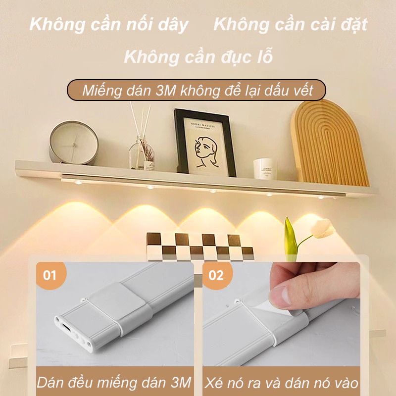Đèn Led Cảm Ứng 20/30/40/60cm Để Tủ Quần Áo Tủ Bếp Có Thể Điều Chỉnh Độ Sáng Sạc USB Đèn Cảm Biến Chuyển Động - Ảnh 5