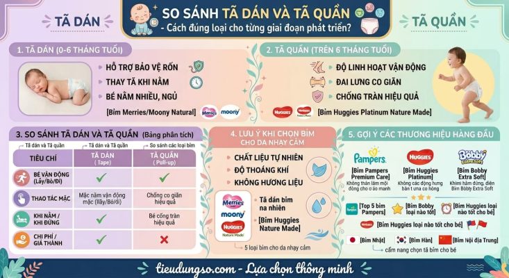 So sánh Tã dán và Tã quần chi tiết. Hướng dẫn mẹ chọn loại bỉm phù hợp nhất theo từng giai đoạn phát triển của bé và các lưu ý chọn bỉm an toàn.